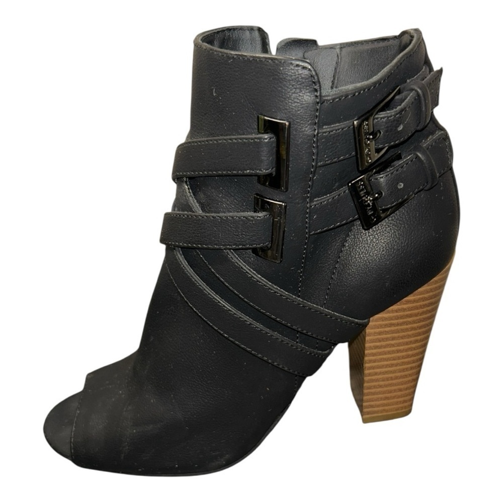 Guess Peep Toe Buckle Detail Heeled Black Ankle Bootie size 6.5